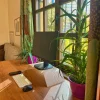 Ahşap - Ofis: Ahşaptan yapılmış ultra ince bir monitör sehpa, üzerinde bir bitki bulunan.